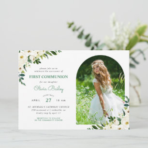 Invitación Dulce Greenery Foto Floral Primera Comunión