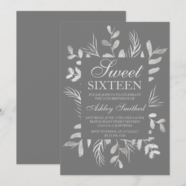 Invitación Dulce gris 16 de la hoja botánica de plata moderna (Anverso / Reverso)