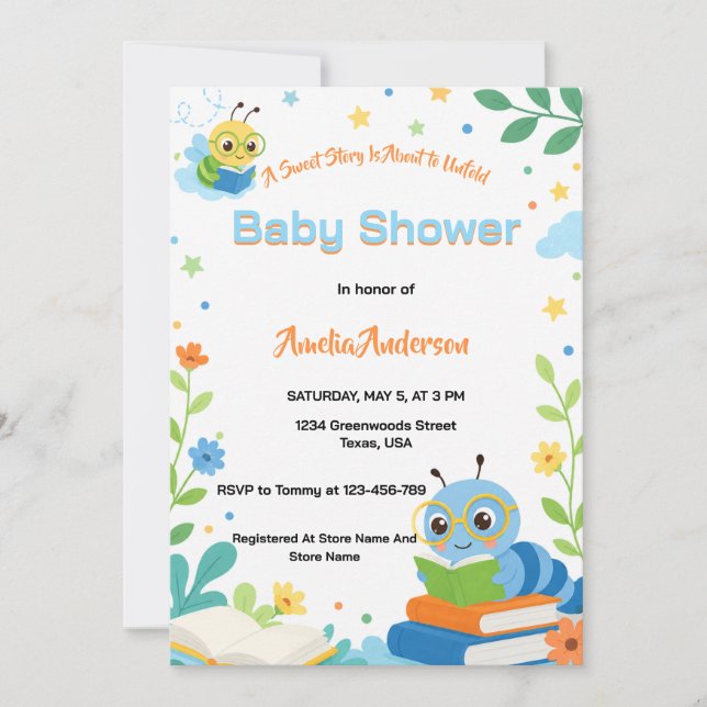 Invitación Dulce Gusano de Libro Dulce Fiesta de Bebé (Anverso)