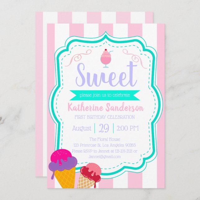 Invitación Dulce helado bebé espolvorear tienda de dulces cum (Anverso / Reverso)