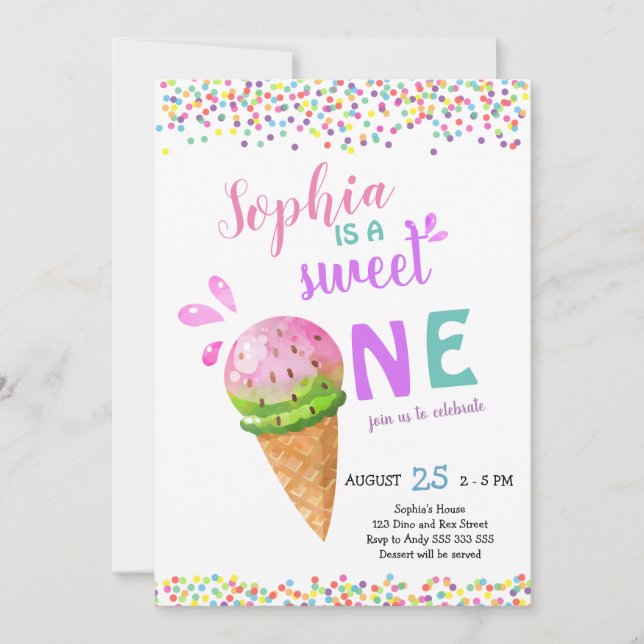 Invitación Dulce helado de primer cumpleaños de un Chica (Anverso)