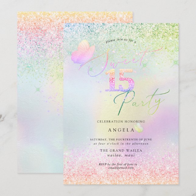 Invitación Dulce holográfico 15 Purpurinas de diamantes rosad (Anverso / Reverso)