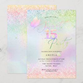 Invitación Dulce holográfico 15 Purpurinas de diamantes rosad