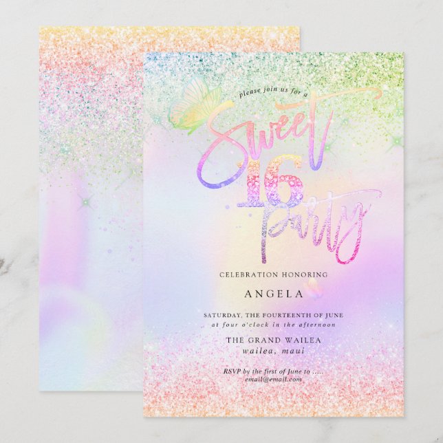 Invitación Dulce holográfico 16 Purpurinas de diamantes rosad (Anverso / Reverso)