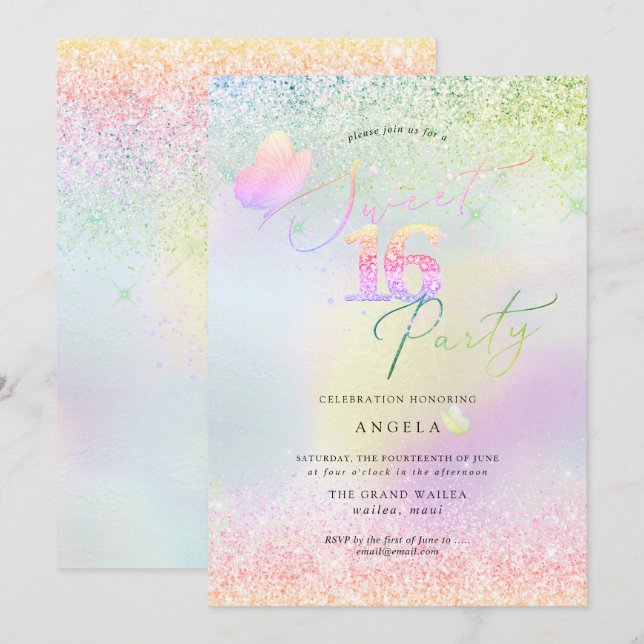 Invitación Dulce holográfico 16 Purpurinas de diamantes rosad (Anverso / Reverso)