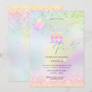 Invitación Dulce holográfico 16 Purpurinas de diamantes rosad