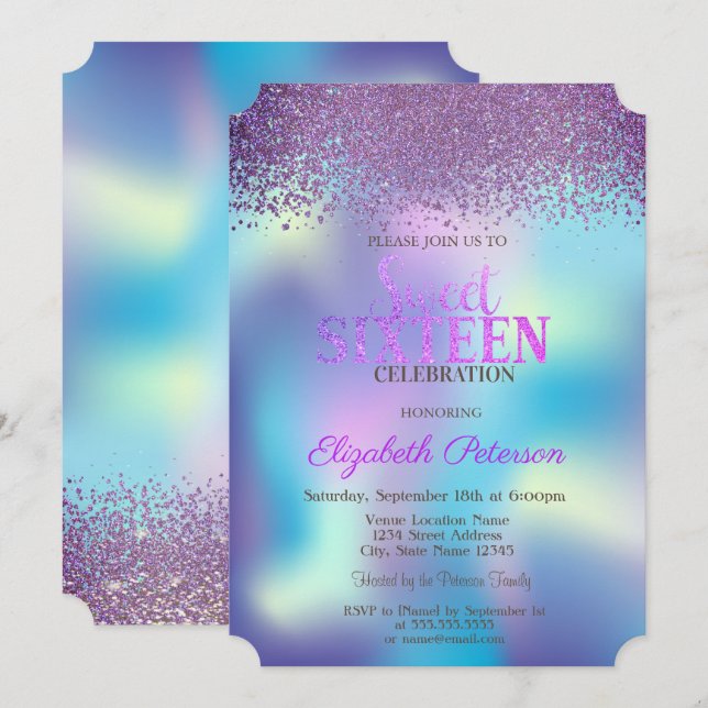 Invitación Dulce holográfico colorido de diamantes modernos 1 (Anverso / Reverso)