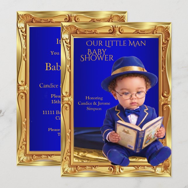 Invitación Dulce Hombre Pequeño Fiesta de Bebé Libro Azul Dor (Anverso / Reverso)