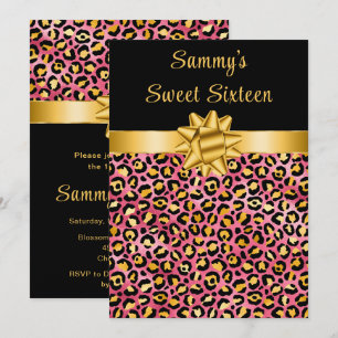 Invitación Dulce impresión de leopardo rosa y dorado Dieciséi