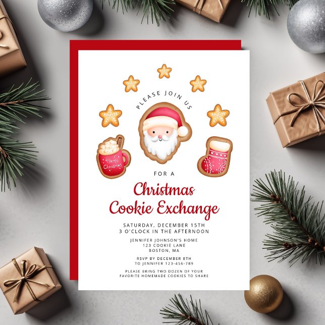 Invitación Dulce intercambio de galletas de Navidad del Papá  (Cute Red Santa Claus Christmas Cookie Exchange Invitation)