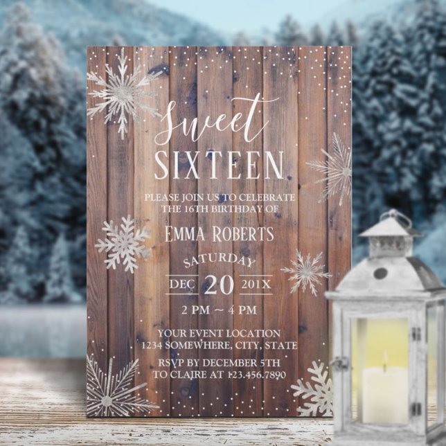 Invitación Dulce Invierno Rústico de 16 Fiestas Snowflakes Wo (Subido por el creador)
