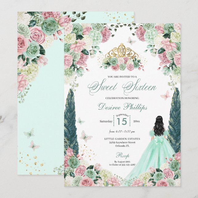 Invitación Dulce Jardín con encanto Mint Green y Rubor Diecis (Anverso / Reverso)