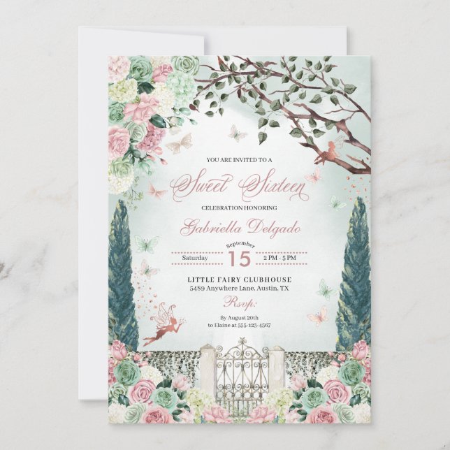 Invitación Dulce Jardín Rosa de Oro de Hada Encantada 16 (Anverso)
