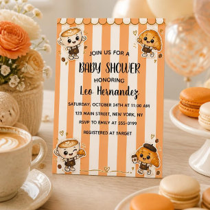 Invitación Dulce Kawaii Café Croissant Naranja Baby Shower