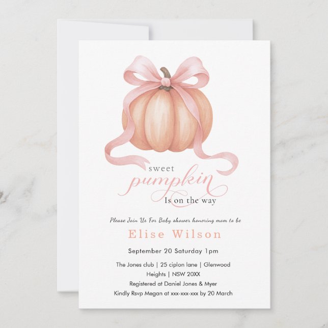 Invitación Dulce La pequeña calabaza rosa arco está en camino (Anverso)