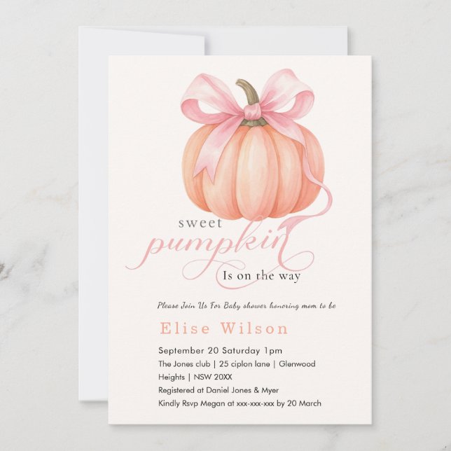 Invitación Dulce La pequeña calabaza rosa arco está en camino (Anverso)