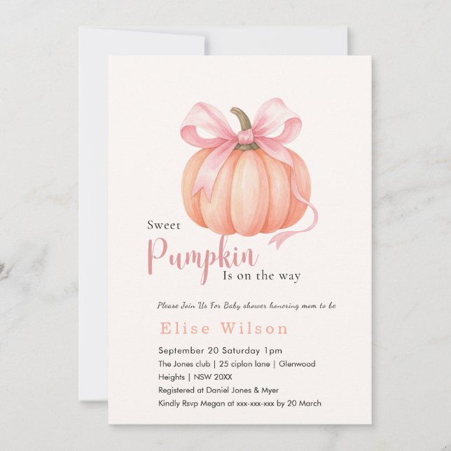Invitación Dulce La pequeña calabaza rosa arco está en camino (Anverso)