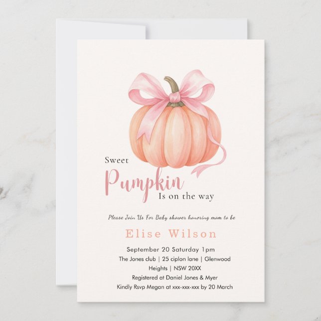 Invitación Dulce La pequeña calabaza rosa arco está en camino (Anverso)