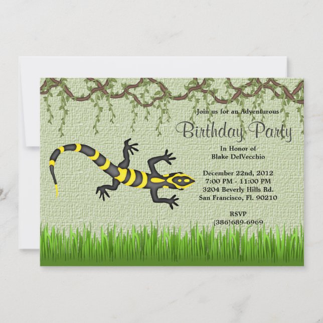 Invitación Dulce lagarto negro vierte selva cumpleaños (Anverso)