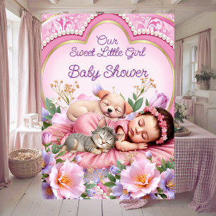 Invitación Dulce Linda Niña Rosa Baby Shower Cachorro Gatito