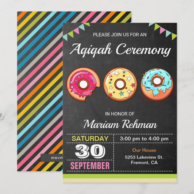 Invitación Dulce lindo Donut Aqeeqah | Ceremonia Aqiqah (Anverso / Reverso)