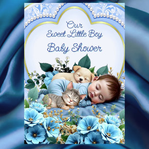Invitación Dulce Lindo Niño Azul Baby Shower Cachorro Gatito