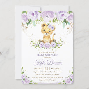 Invitación Dulce Lion Cub Chica Morado Floral Baby Shower