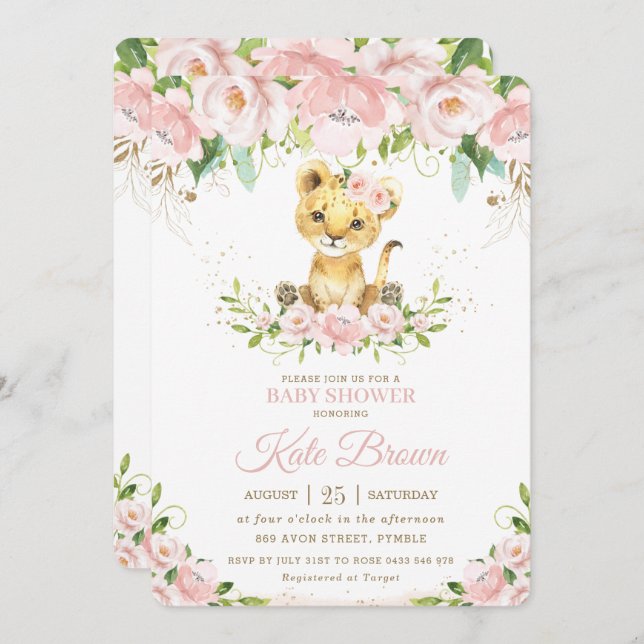 Invitación Dulce Lion Cub Rubor Chica Floral Rosa Baby Shower (Anverso / Reverso)
