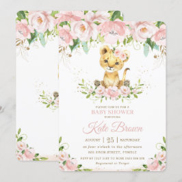 Invitación Dulce Lion Cub Rubor Chica Floral Rosa Baby Shower