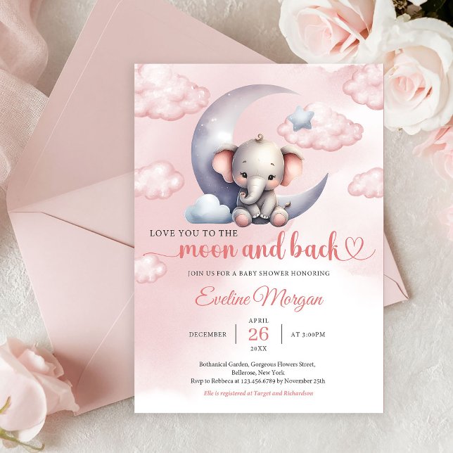 Invitación Dulce luna de elefante y ducha de bebé para niña d (Editable PDF Love to the Moon and Back Elephant Girl Baby Shower Invitation Printable Template)