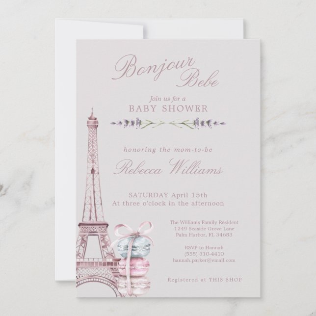 Invitación Dulce Macaron Bonjour Bebe Paris Ducha bebé (Anverso)