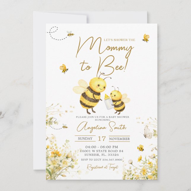 Invitación Dulce Mamá Abeja para el Shower de Bebé Abeja (Anverso)