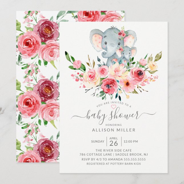 Invitación Dulce mamá y bebé Elefante Floral Baby Shower (Anverso / Reverso)