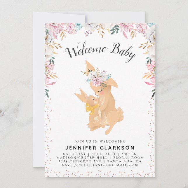 Invitación Dulce mamá y bebés conejos bienvenidos bebé (Anverso)