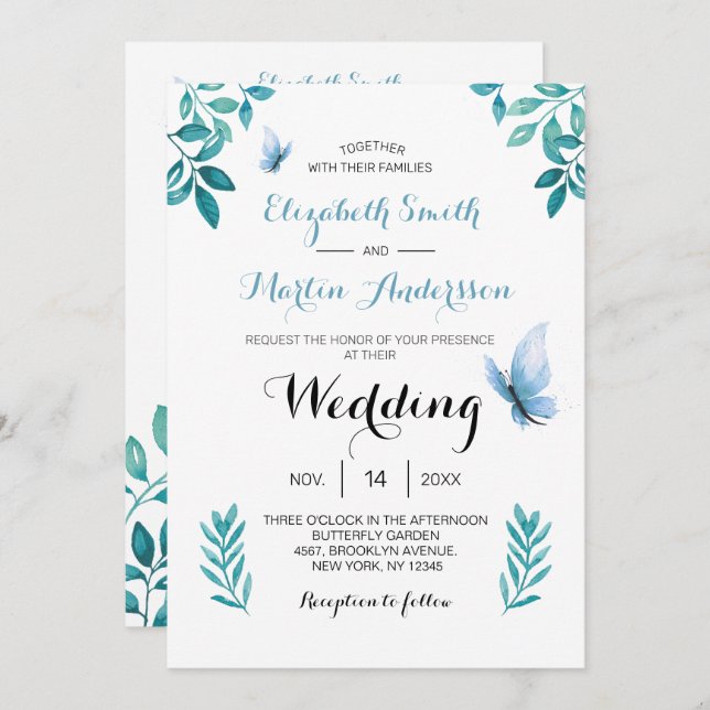 Invitación Dulce mariposa azul floral boda acuarela (Anverso / Reverso)