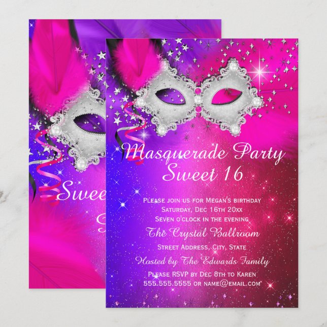 Invitación Dulce Mascarada de 16 Fiestas Máscara de plata mor (Anverso / Reverso)