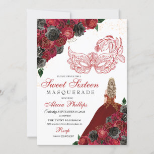 Invitación Dulce mascarada de 16 Purpurinas de oro negro rojo