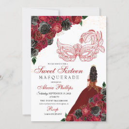 Invitación Dulce mascarada de 16 Purpurinas de oro negro rojo