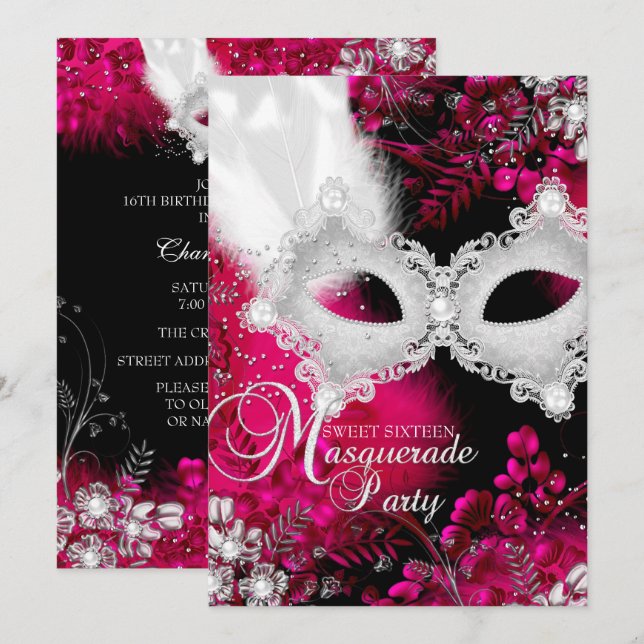 Invitación Dulce mascarada de máscara rosa y blanca 16 (Anverso / Reverso)
