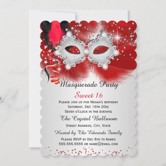 Invitación Dulce Mascarada de plata roja de la máscara de enc (Anverso)