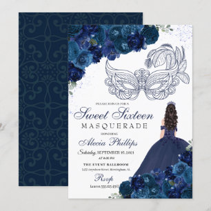 Invitación Dulce mascarada floral azul de la marina 16