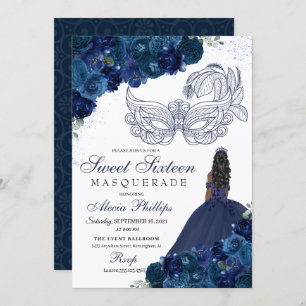 Invitación Dulce mascarada floral azul de la marina 16