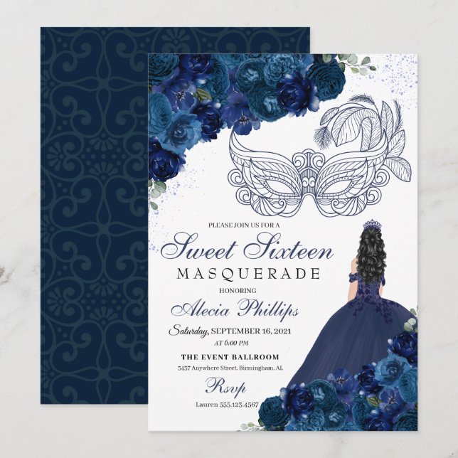 Invitación Dulce mascarada floral azul de la marina 16 (Anverso / Reverso)