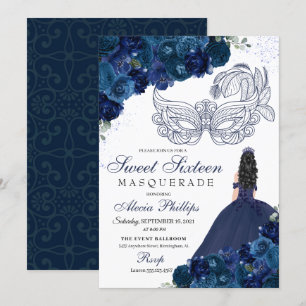 Invitación Dulce mascarada floral azul de la marina 16