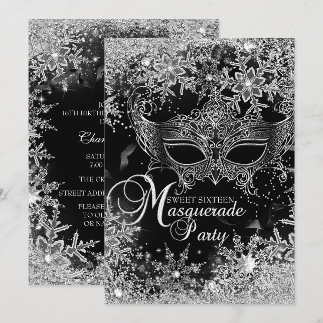 Invitación Dulce máscaras de copo de nieve negro de plata 16 (Anverso / Reverso)