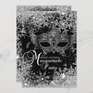 Invitación Dulce máscaras de copo de nieve negro de plata 16