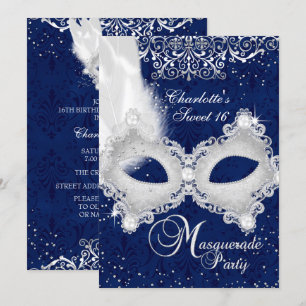 Invitación Dulce máscaras de damasco de plata azul Dulce 16 I