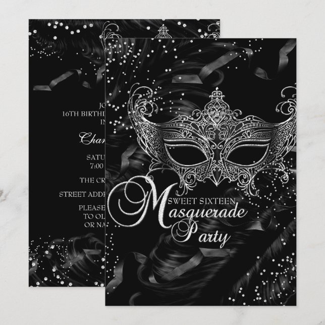 Invitación Dulce máscaras de diamante negro plateado 16 (Anverso / Reverso)