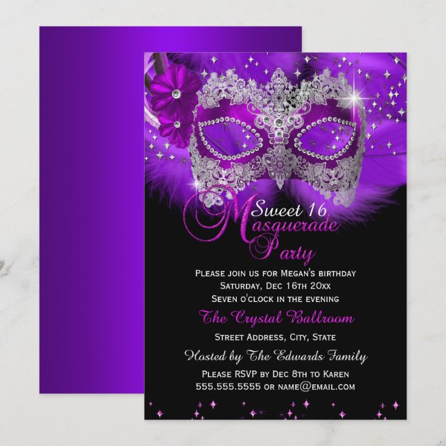 Invitación Dulce máscaras de encaje múrpura mascarada 16 (Anverso / Reverso)