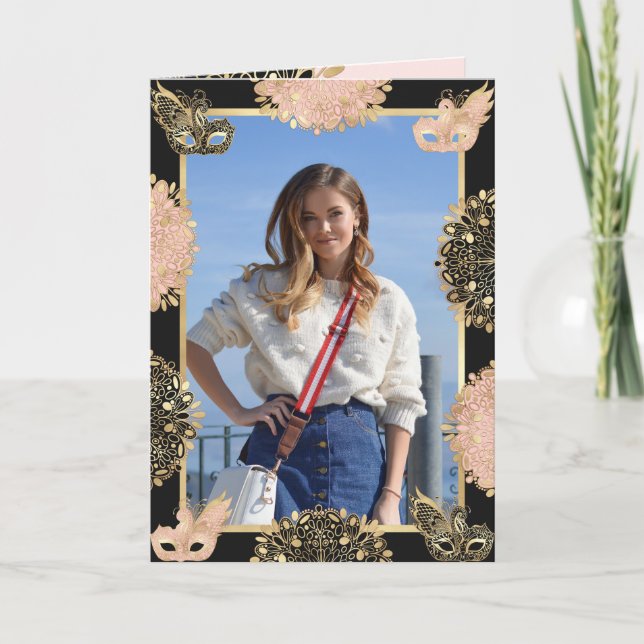 Invitación Dulce máscaras de mascarada negra de oro rosado 16 (Anverso)